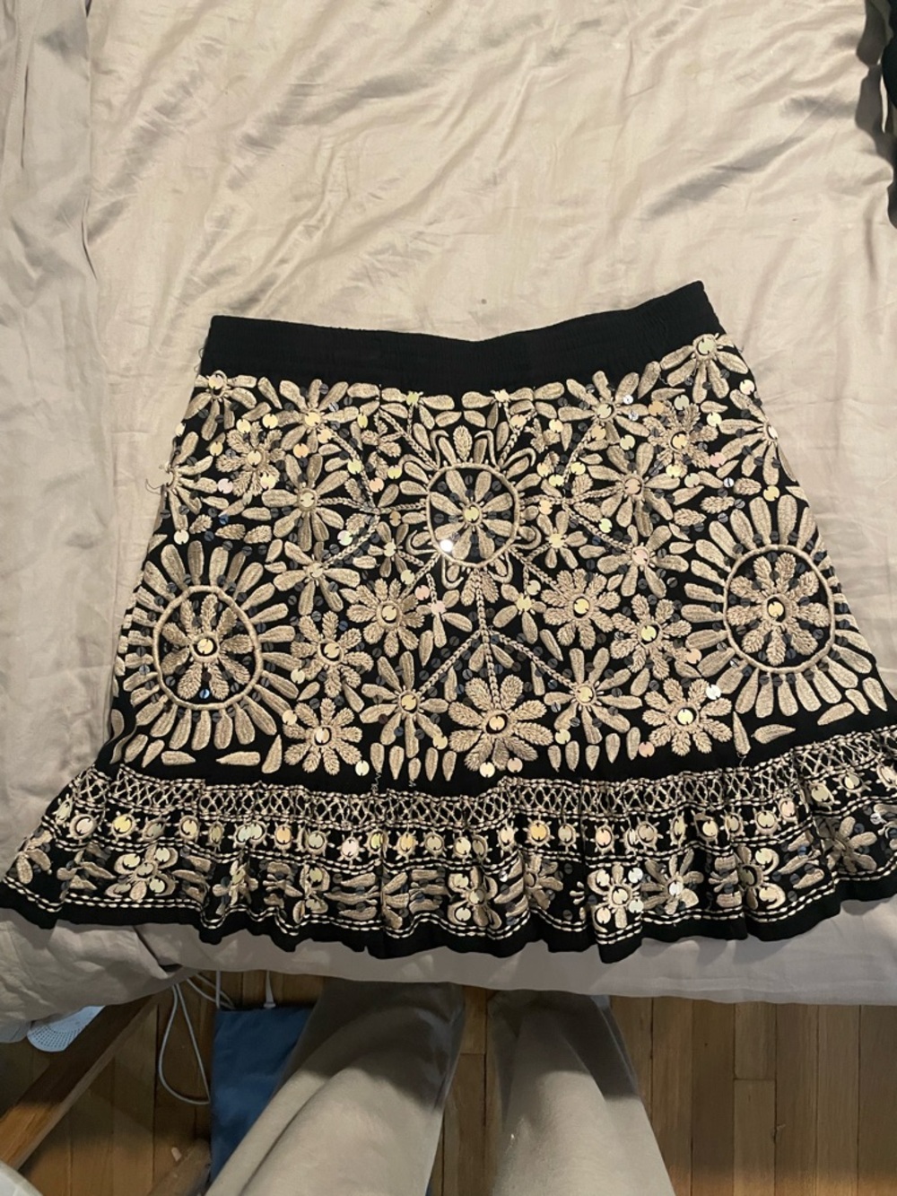 Free People Black Mini Skirt with Ivory Floral Sequin Embroidery